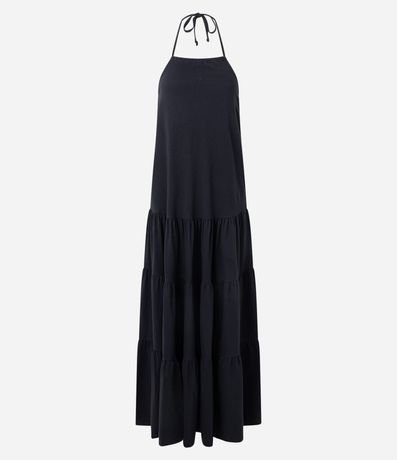 Vestido Largo Evasê con Escote Halter y Volados 6