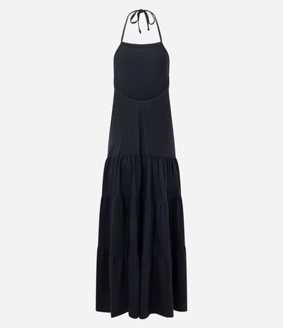 Vestido Largo Evasê con Escote Halter y Volados 7