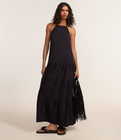 Vestido Largo Evasê con Escote Halter y Volados