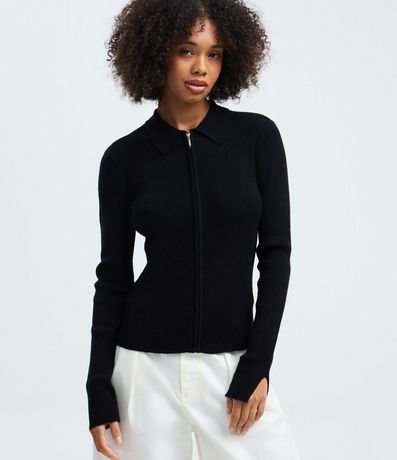 Blusa Manga Larga en Punto Texturizado con Cremallera Delantera