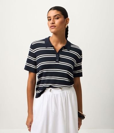 Blusa en Punto con Cuello Polo y Estampado Rayada 2