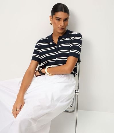 Blusa en Punto con Cuello Polo y Estampado Rayada 4