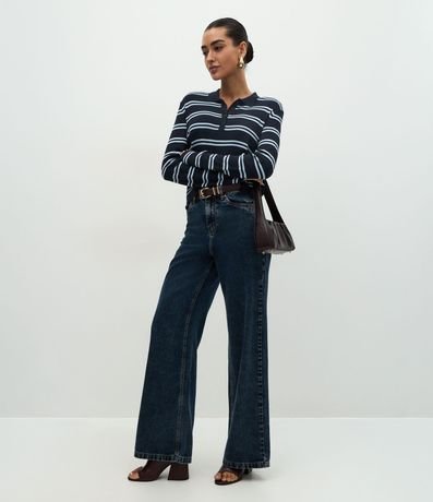 Blusa en Punto con Estampa Rayada y Cuello Polo 2