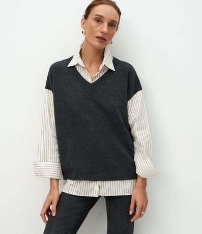 Camisa Alargada con Chaleco en Punto Sobrepuesto