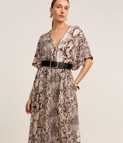 Vestido Evasê Largo en Crepé con Estampa Serpiente
