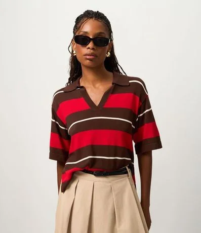 Blusa en Punto con Cuello Polo y Estampado Rayada 1