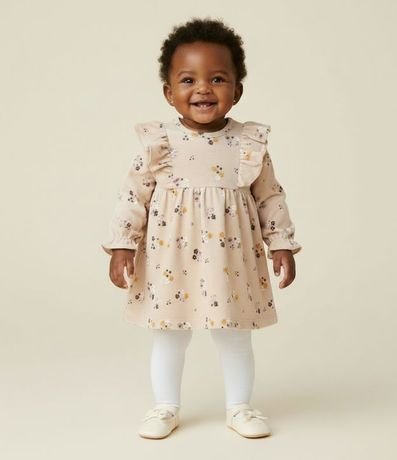 Vestido Infantil en Rib Floral con Volado y Media Can Can – Talle 0 a 18 Meses