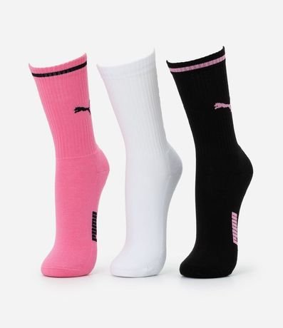 Kit 03 Medias Caña Larga Deportiva en Algodón con Logotipo y Lettering Puma