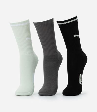 Kit 03 Medias Caña Larga Deportiva en Algodón con Logotipo y Lettering Puma