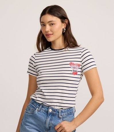 Remera T-shirt en Algodón con Estampa de Cereza y Rayas Contrastantes