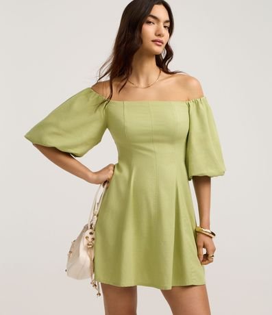 Vestido Corto con Manga Abullonada y Hombro a Hombro