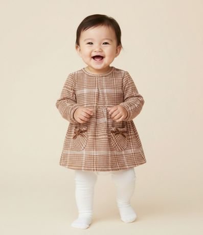 Vestido Infantil Manga Larga de Cuadros con Media-Pantalón – Talle 0 a 18 Meses