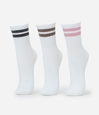 Kit 03 Medias Deportivas en Poliamida con Rayas en Hilo Metalizado
