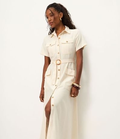 Vestido Midi Manga Corta en Sarga con Bolsos Utilitários