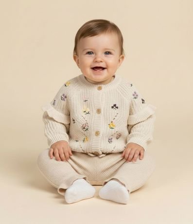 Cardigan Infantil en Efecto Punto con Bordado Floral – Talle 0 a 18 Meses 1