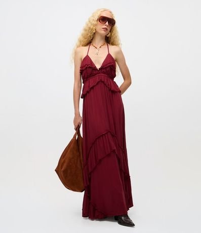 Vestido Largo con Volados y Escote en V en Viscosa