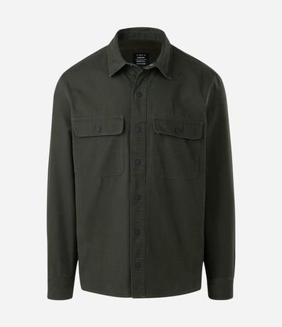 Camisa en Sarga con Botones y Bolsillos