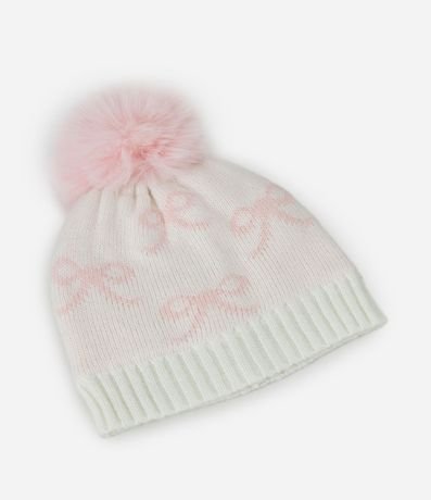Gorro Infantil en efecto Punto con Moñitas y Pompón – Talle 0 a 12 Meses