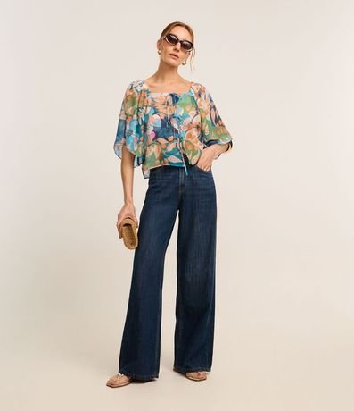 Blusa en Chiffon con Manga Amplia y Estampa Follaje