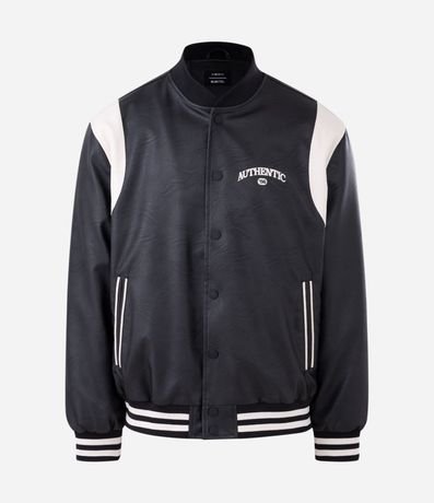 Campera Bomber en PU con Recortes y Bordado al Frente y en la Espalda