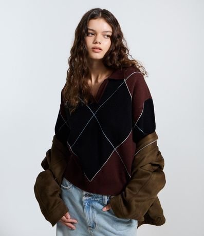 Buzo en Tejido Punto con Estampa Cuadros y Cuello Polo