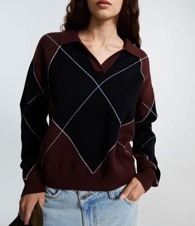 Buzo en Tejido Punto con Estampa Cuadros y Cuello Polo 3
