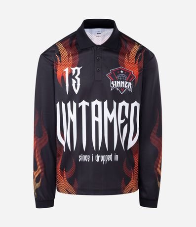 Remera Boxy Manga Larga Estampado Chamas y Lettering Sinner 5