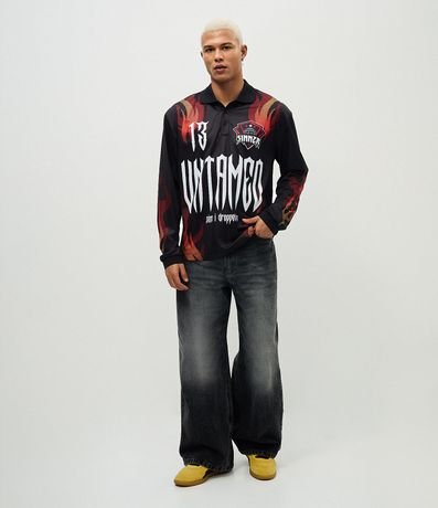 Remera Boxy Manga Larga Estampado Chamas y Lettering Sinner 2
