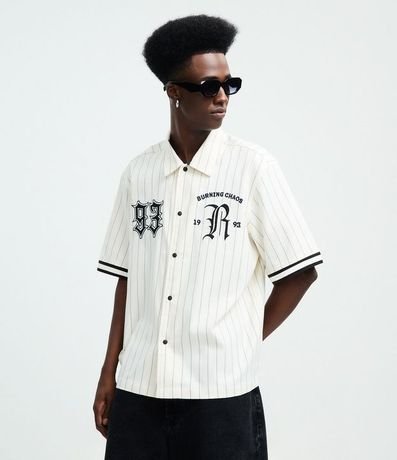 Camisa Baseball Rayada en Microfibra con Lettering Reckless