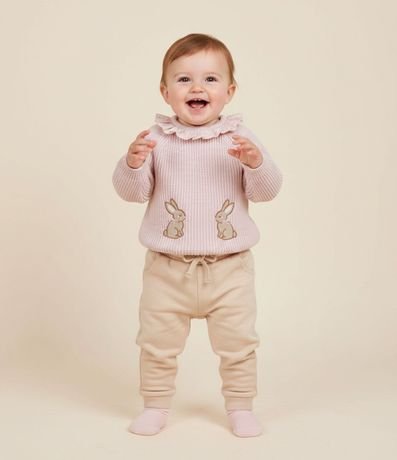 Blusa Infantil en Punto con Cuello Volado y Bordado de Conejo – Talle RN a 18 Meses