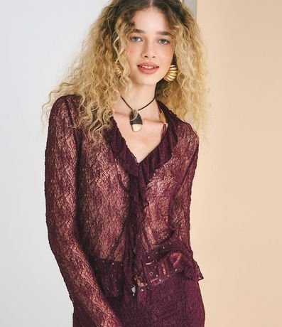 Blusa Bata Rendada con Volados y Bajo Fruncida