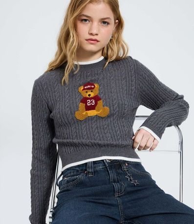 Blusa Cropped en Punto con Estampa de Oso