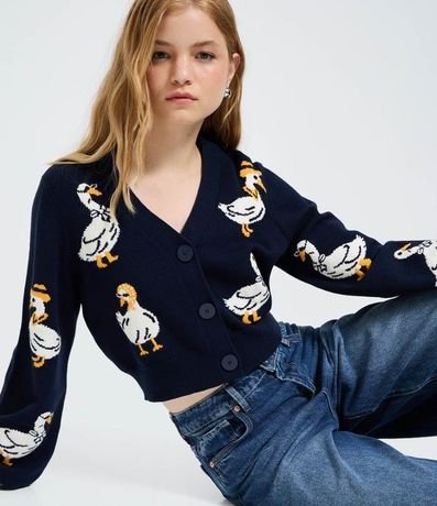 Cardigan Cropped en Punto con Íconos de Patas