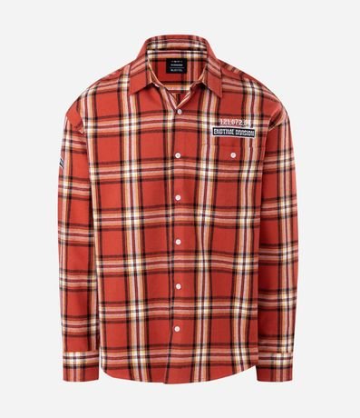 Camisa Oversized Manga Larga en Franela de Cuadros con Lettering Bordado 5