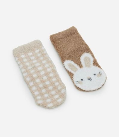 Kit 02 Pares de Medias Infantil en Chenille con Vichy y Conejito – Talle 0 a 12 Meses