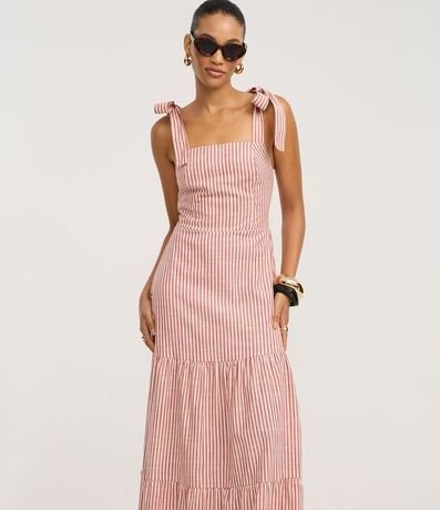 Vestido Largo en Sarga con Lazo en el Bretel y Rayas