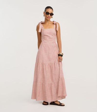 Vestido Largo en Sarga con Lazo en el Bretel y Rayas 2