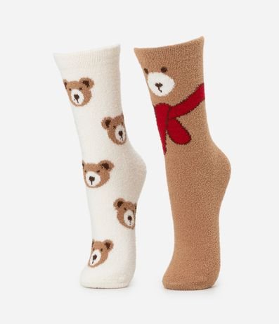 Kit 02 Medias Caña Larga en Chenille con Estampa de Osito