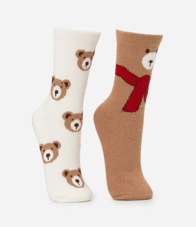 Kit 02 Medias Caña Larga en Chenille con Estampa de Osito 2