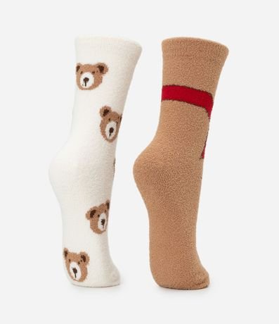 Kit 02 Medias Caña Larga en Chenille con Estampa de Osito 3