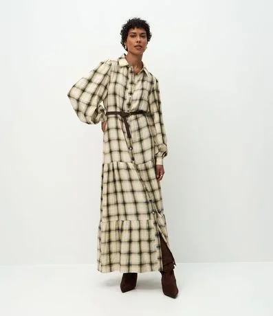 Vestido Long Midi en Viscosa de Cuadros con Cinturón 1