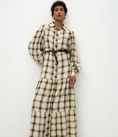 Vestido Long Midi en Viscosa de Cuadros con Cinturón 2