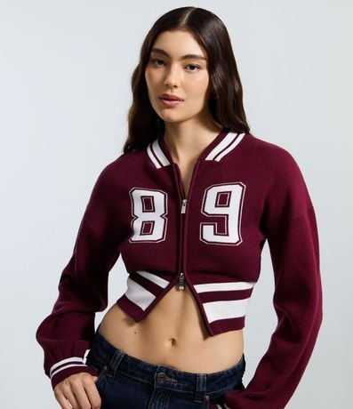Cardigan College en Punto con Cremallera y Estampa Numérica