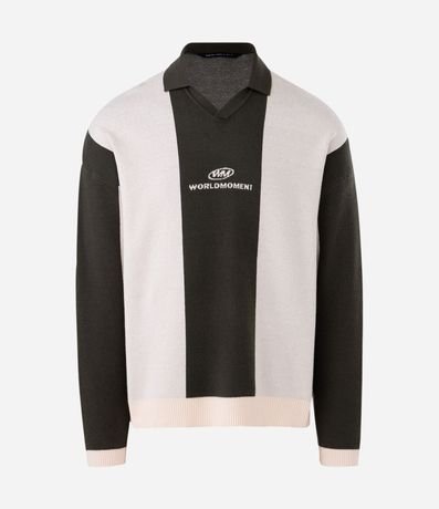 Suéter en Punto con Cuello Polo y Lettering en el Pecho