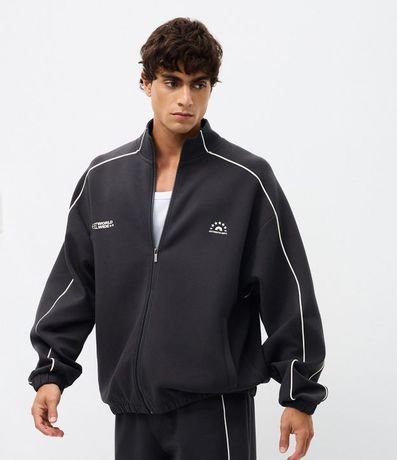 Buzo Boxy con Cremallera en Microfibra con Lettering en el Pecho y Raya en las Mangas