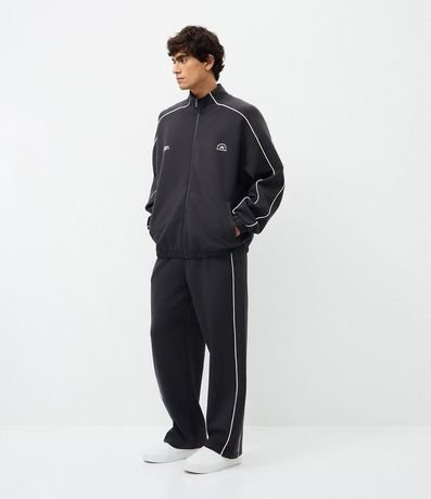 Buzo Boxy con Cremallera en Microfibra con Lettering en el Pecho y Raya en las Mangas