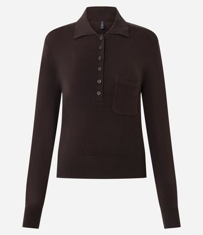 Blusa Manga Larga en Punto con Cuello Polo y Bolsillo Delantero 5