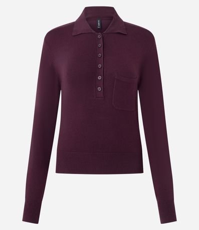 Blusa Manga Larga en Punto con Cuello Polo y Bolsillo Delantero