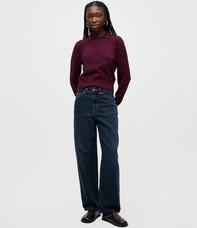 Blusa Manga Larga en Punto con Cuello Polo y Bolsillo Delantero 2