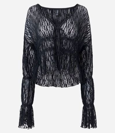 Blusa Encaje Texturizada con Lazos y Manga Larga 5